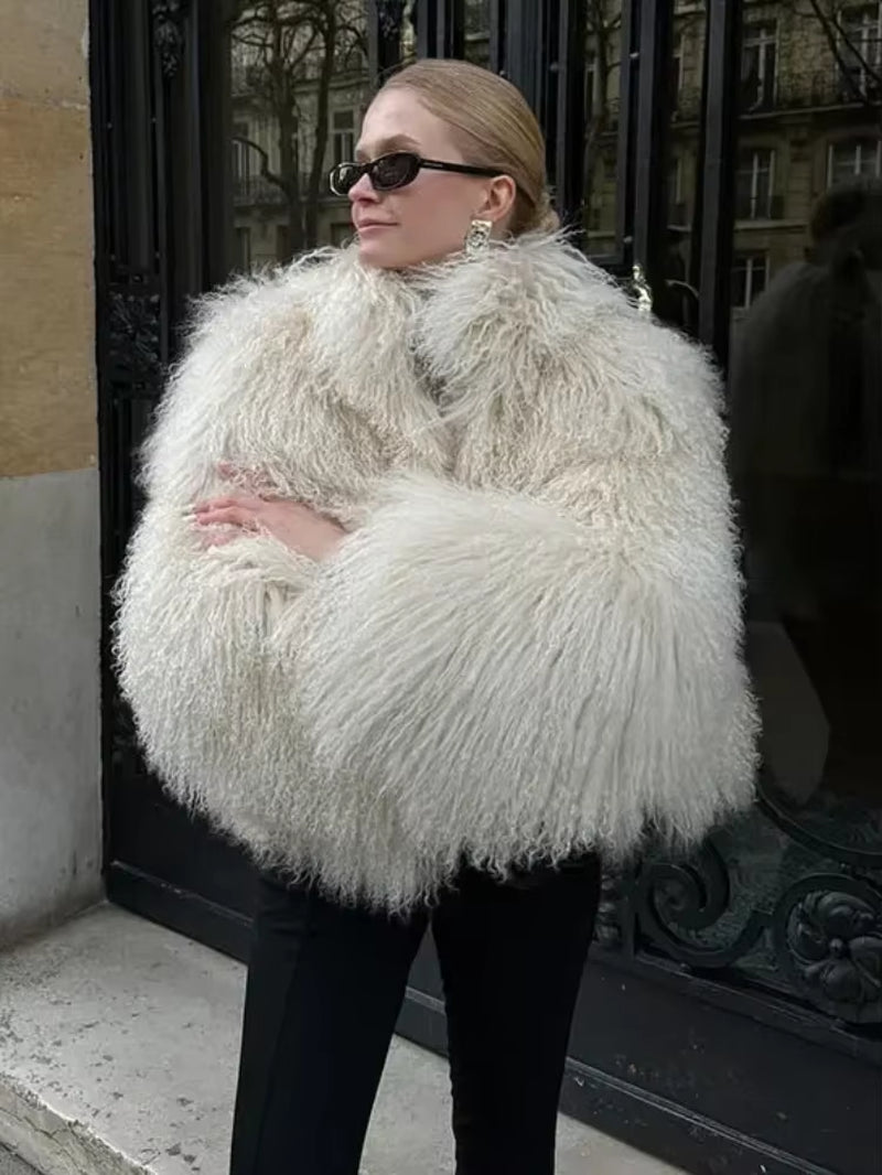 Solid Fluffy Faux Fur Women Thick Coat Fashion Warm Lapel Long Sleeve Short Jackets 2024 Winter Female Elegant Street Outerwear