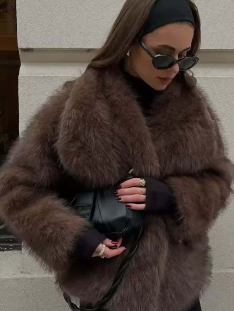 Luxurious Fashion Lapel Faux Fur Midi Coat Women Street Long Sleeve Oversize Cardigan Jacket Winter Thick Warm Female Outerwear