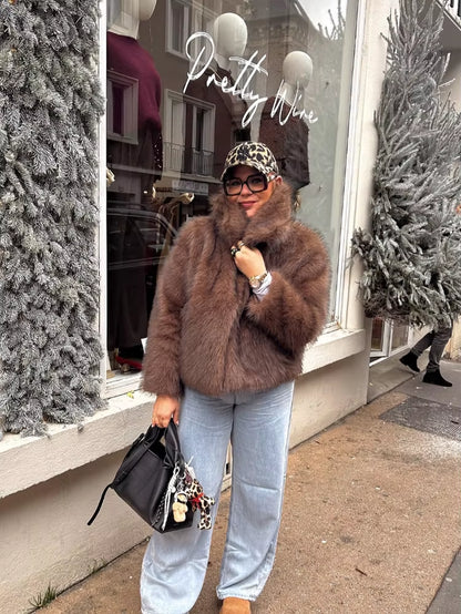 Solid Fluffy Faux Fur Women Thick Coat Fashion Warm Lapel Long Sleeve Short Jackets 2024 Winter Female Elegant Street Outerwear