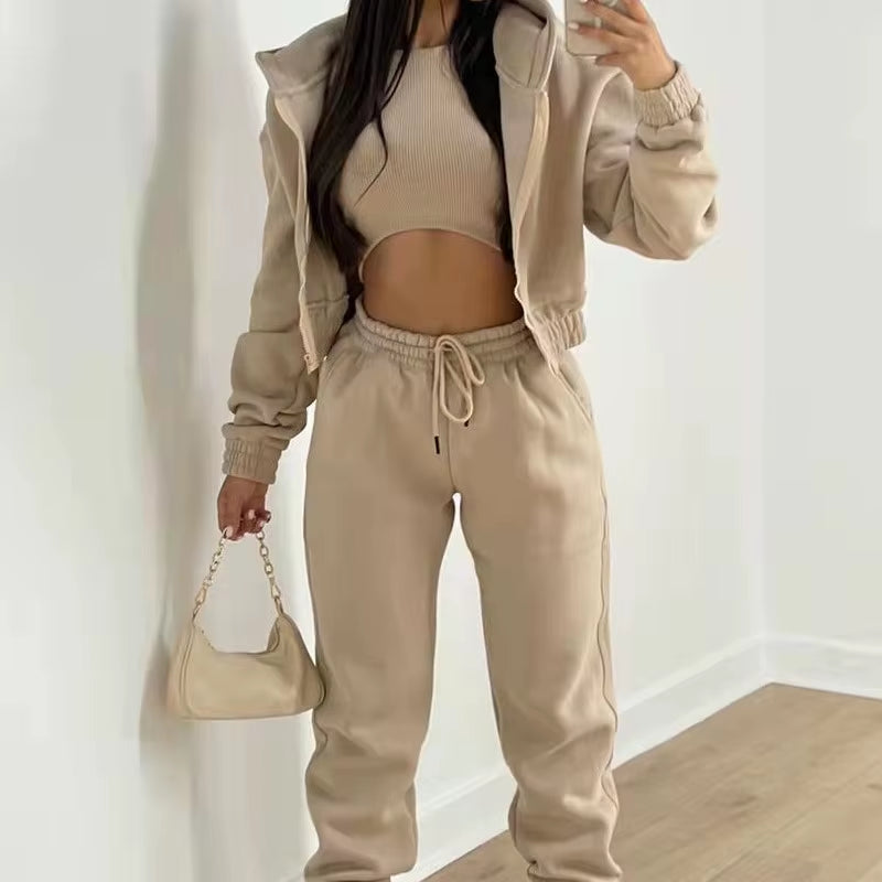 High Street Three Piece Sets Womens Outifits 2023 Autumn Winter Fleece Long Sleeve Harajuku Casual Women Hoodies and Sweatpants