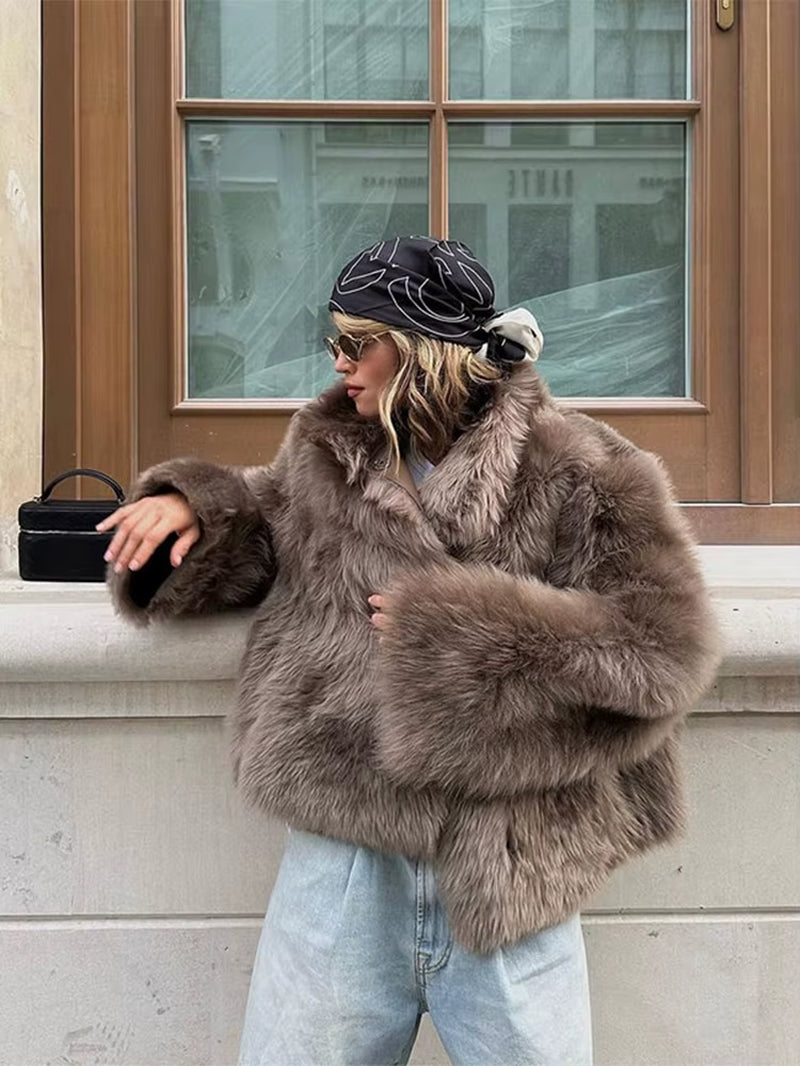 Solid Fluffy Faux Fur Women Thick Coat Fashion Warm Lapel Long Sleeve Short Jackets 2024 Winter Female Elegant Street Outerwear