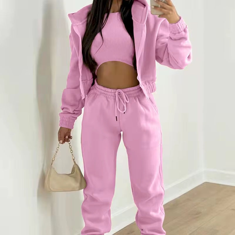 High Street Three Piece Sets Womens Outifits 2023 Autumn Winter Fleece Long Sleeve Harajuku Casual Women Hoodies and Sweatpants