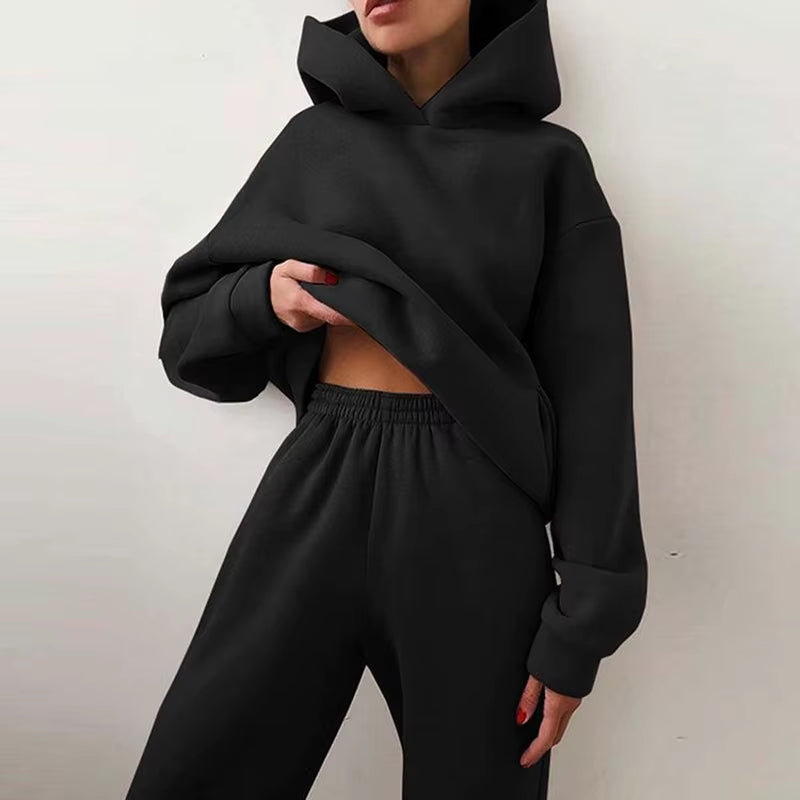 Plus Size Autumn Tracksuits Women Hoodies Set Casual Sweatpants Solid Warm Suits Winter Pullover Sweatshirts Pants 2 Piece Set