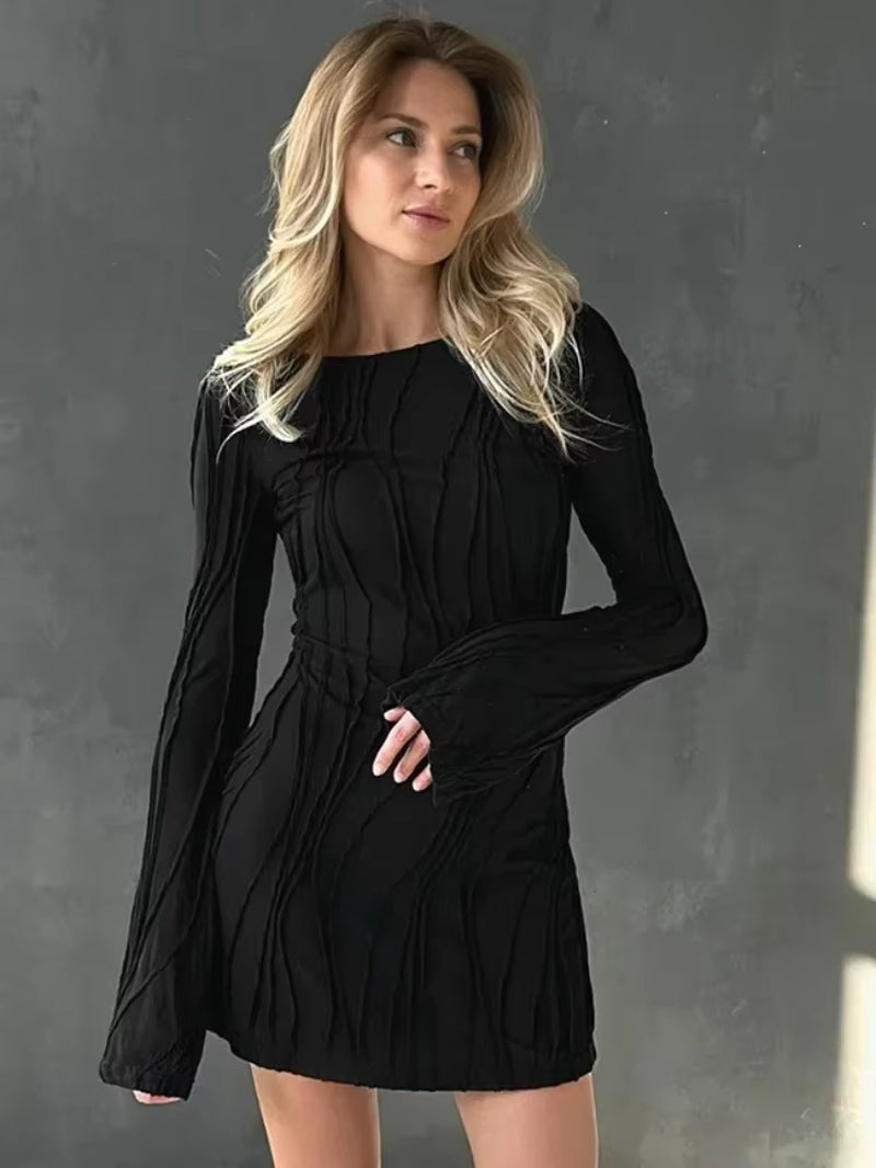 One Piece Solid Dresses O-Neck Long Sleeves Streetwear Sexy Casual Bright Line Decoration Dress for Women Fashion Women Clothing