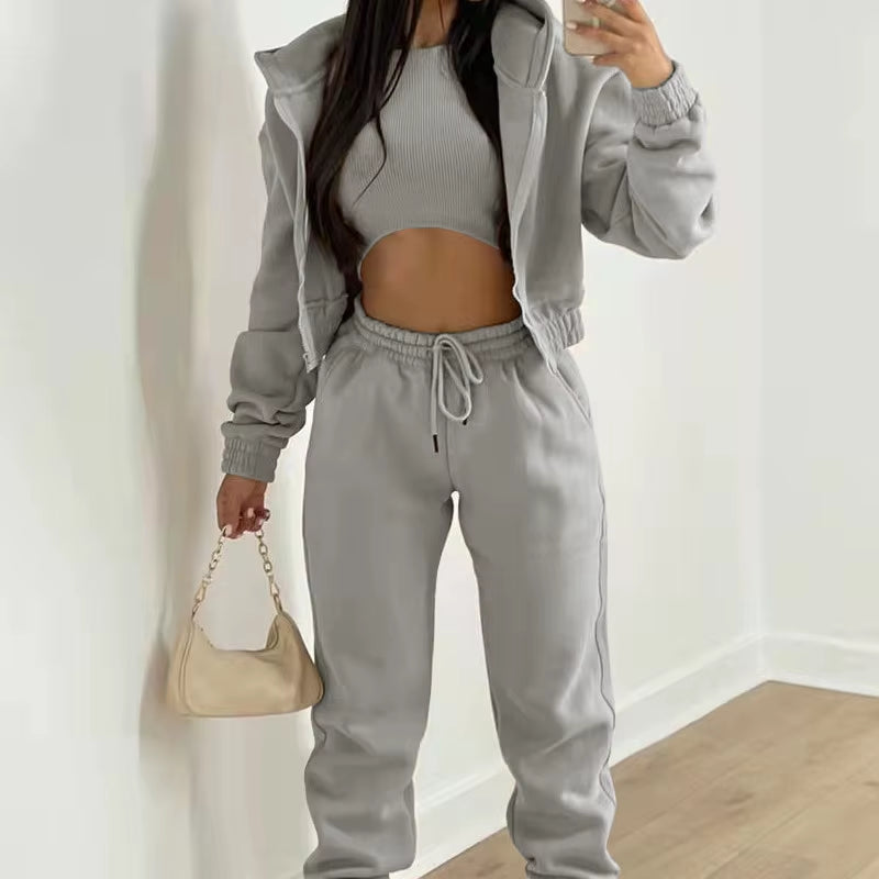 High Street Three Piece Sets Womens Outifits 2023 Autumn Winter Fleece Long Sleeve Harajuku Casual Women Hoodies and Sweatpants